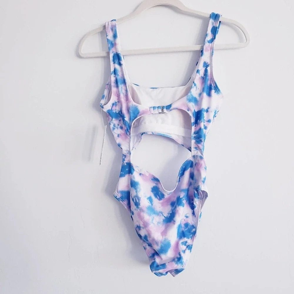 Hurley Tie Dye Cutout One-Piece Swimsuit  w Logo Purple Blue Small - Picture 2 of 4